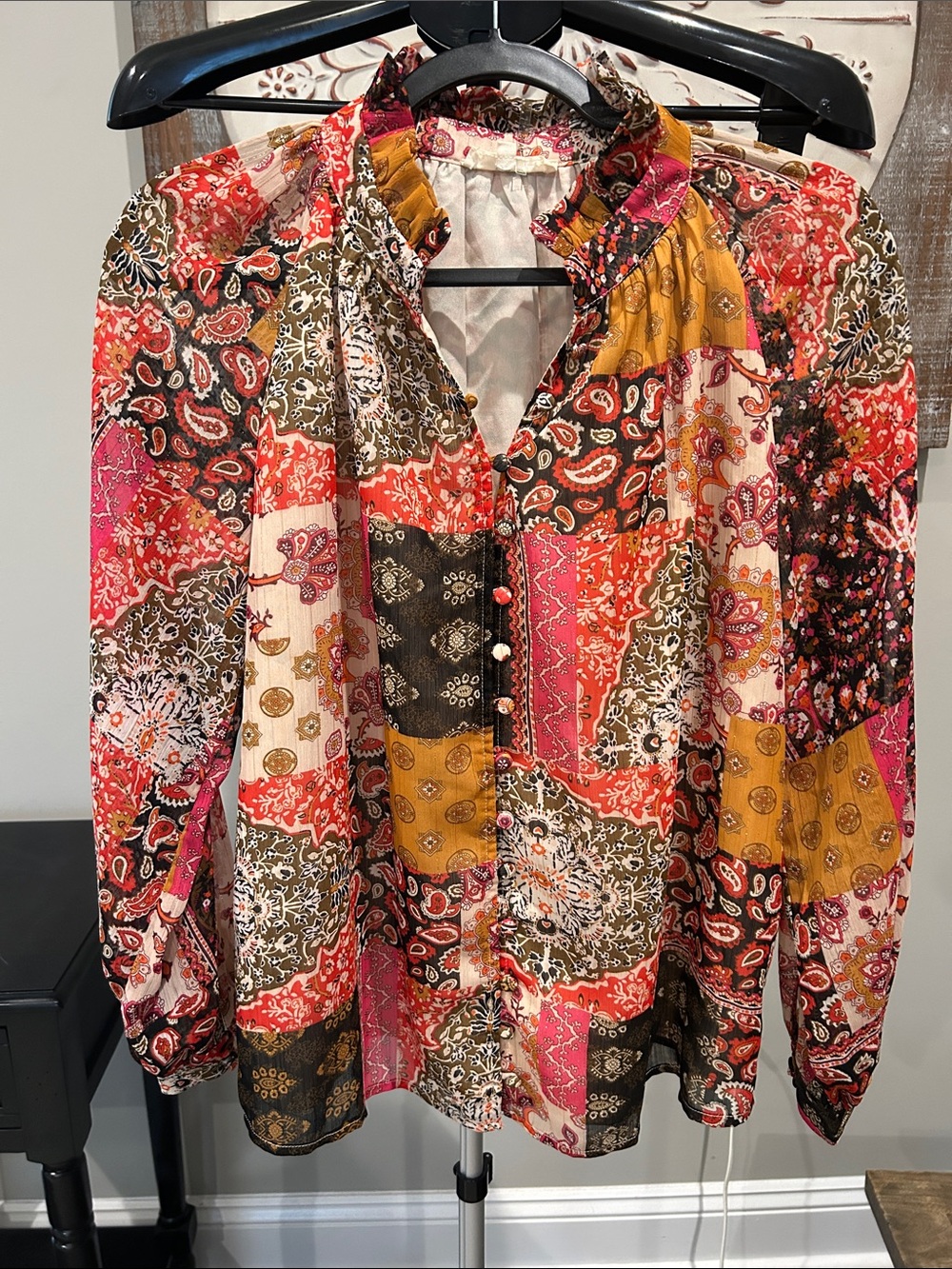 entro Woman’s Size Small Multicolor Patchwork Paisley Button-Front Blouse
